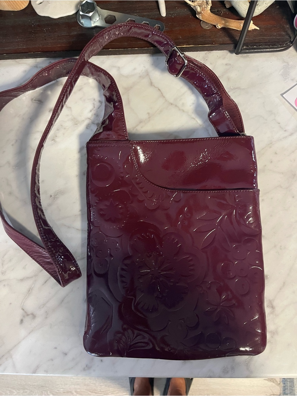 RADLEY LONDON Patent Floral Crossbody Bag in Deep Burgundy NWOT
